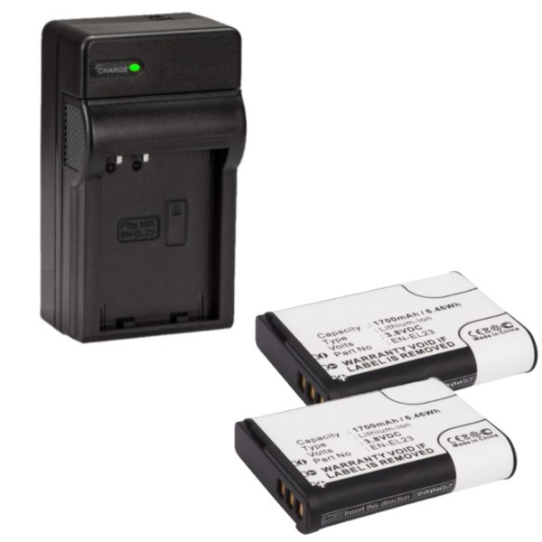 2 stuks Nikon EN-EL23 / VFB11702 accu's + lader (3.8 V, 1700 mAh, 123accu huismerk)  ANI00314 - 1