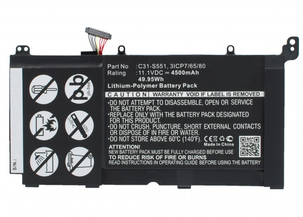 Asus C31-S551 / 3ICP7/65/80 accu (11.1 V, 4500 mAh, 123accu huismerk)  AAS00253 - 1