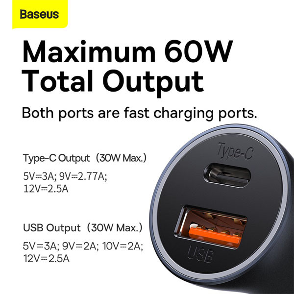 Baseus 2-poorts USB auto snellader USB-A en USB-C (60W, donkergrijs)  ABA00151 - 5