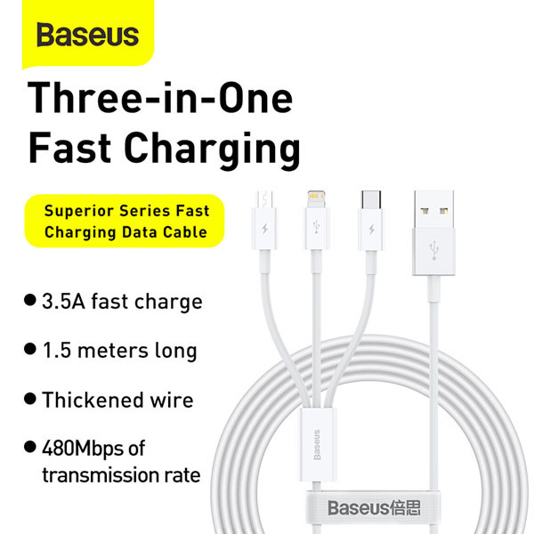 Baseus Superior Fast Charging USB naar micro-USB / USB-C / Lightning kabel 1,5 meter (3.5A, wit)  ABA00227 - 5