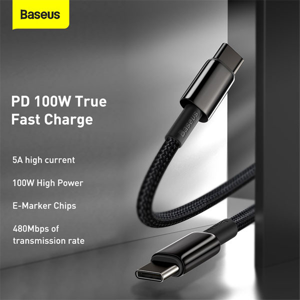 Baseus Tungsten Gold Fast Charging USB naar USB-C kabel 1 meter (6A, 100W, zwart)  ABA00231 - 6