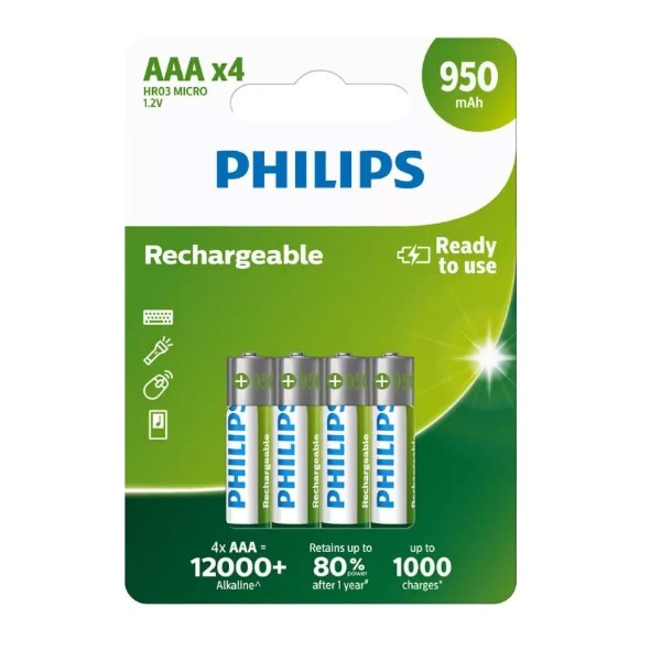 Philips Oplaadbare AAA / HR03 Ni-Mh Batterijen (4 stuks, 950 mAh)  APH00404 - 1