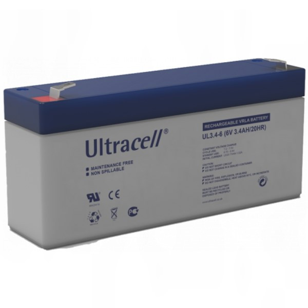 Ultracell UL3.4-6 VRLA AGM Loodaccu (6V, 3.4 Ah, T1 terminal)  ANB00560 - 1