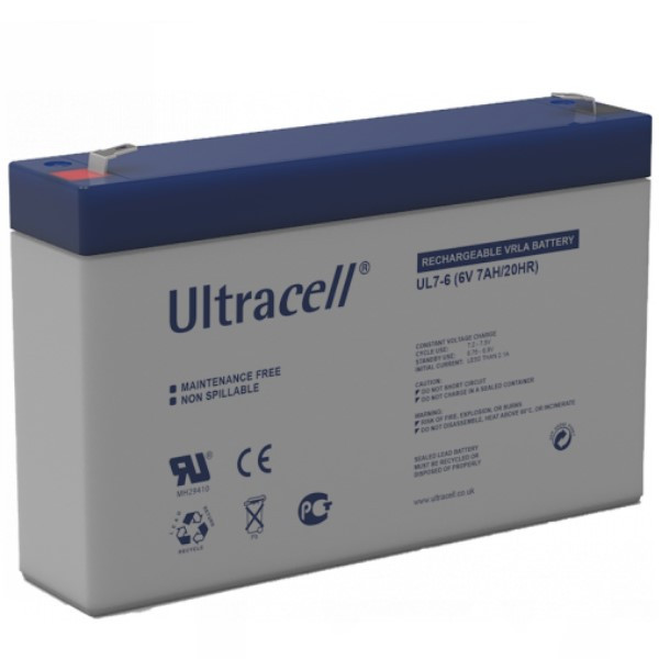 Ultracell UL7-6 VRLA AGM Loodaccu (6V, 7.0 Ah, T1 terminal)  ANB00569 - 1